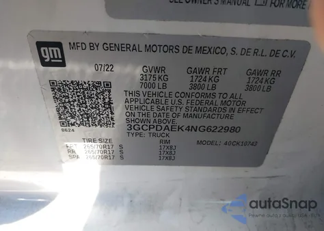 2022 Chevrolet Silverado 1500 4Wd Standard Bed Wt из США, поврежденный, VIN 3GCPDAEK4NG622980